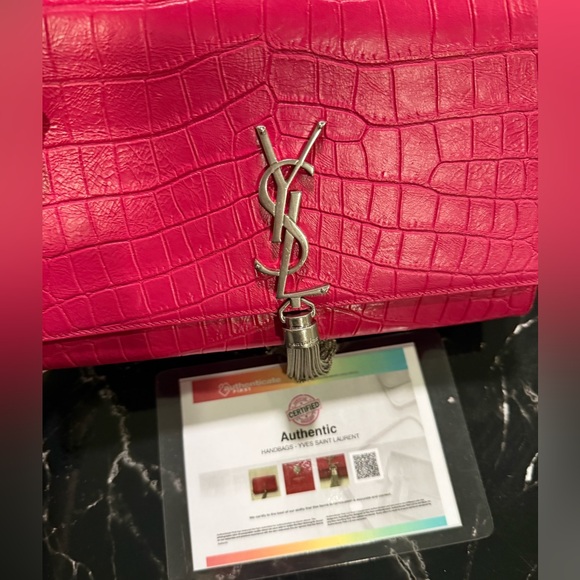 YSL Calfskin Croc Embossed Medium Classic Monogram Kate Tassel Fuchsia - Picture 13 of 13
